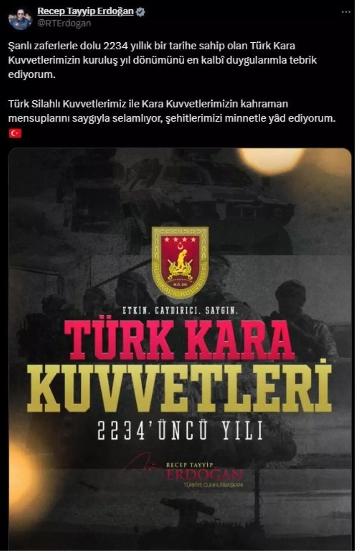 Erdoğan\'dan Kara Kuvvetleri\'ne Kutlama