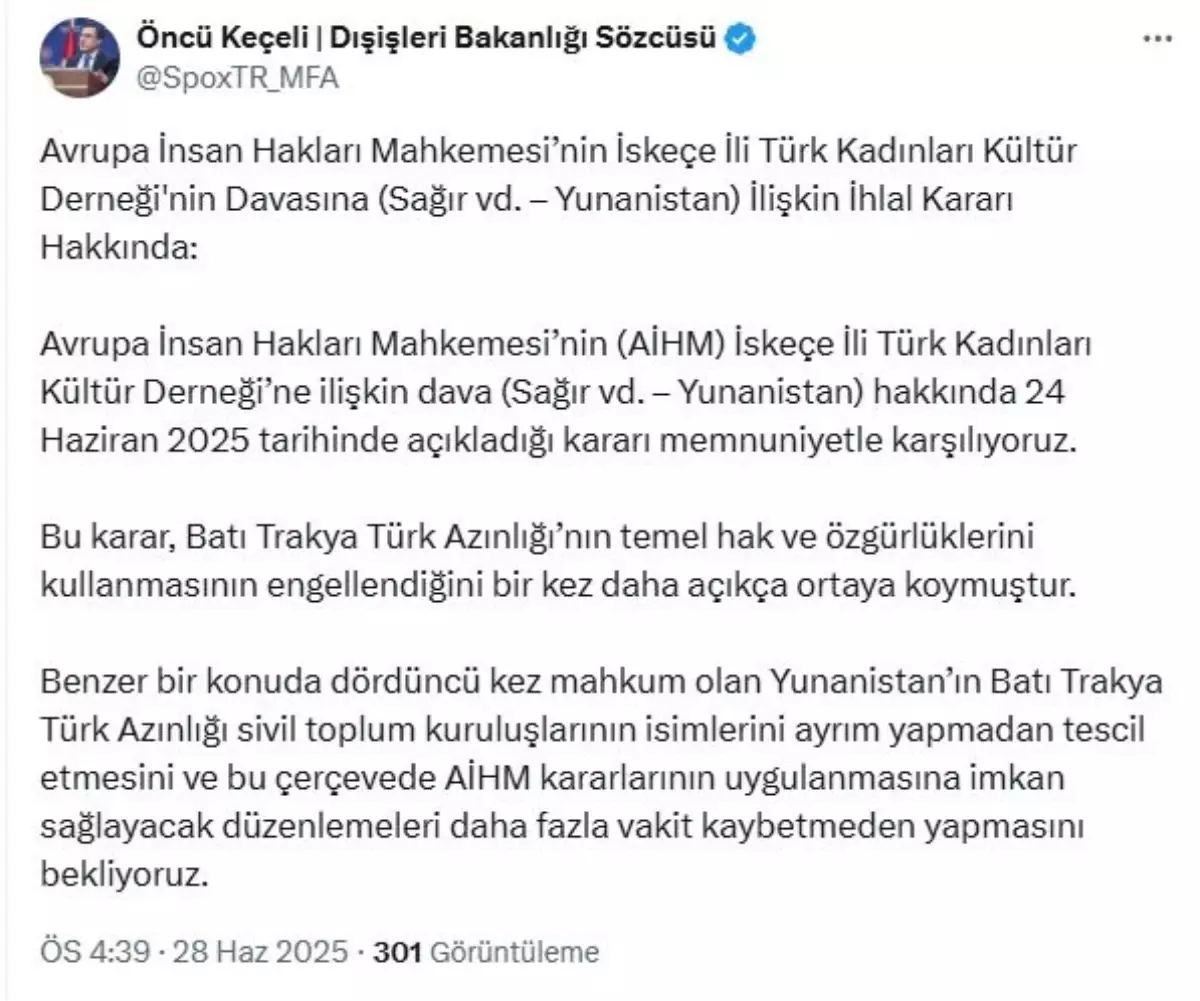 AİHM Kararı: Batı Trakya Türk Azınlığına Destek