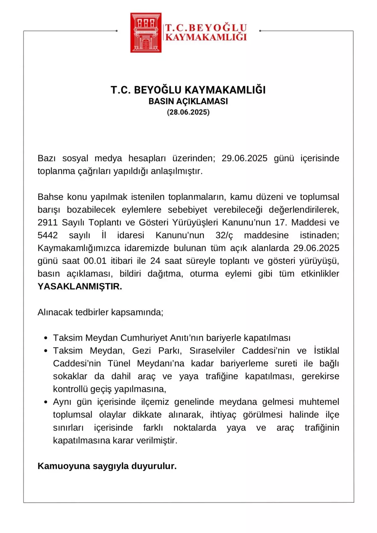 Beyoğlu\'nda Gösteri Yasağı