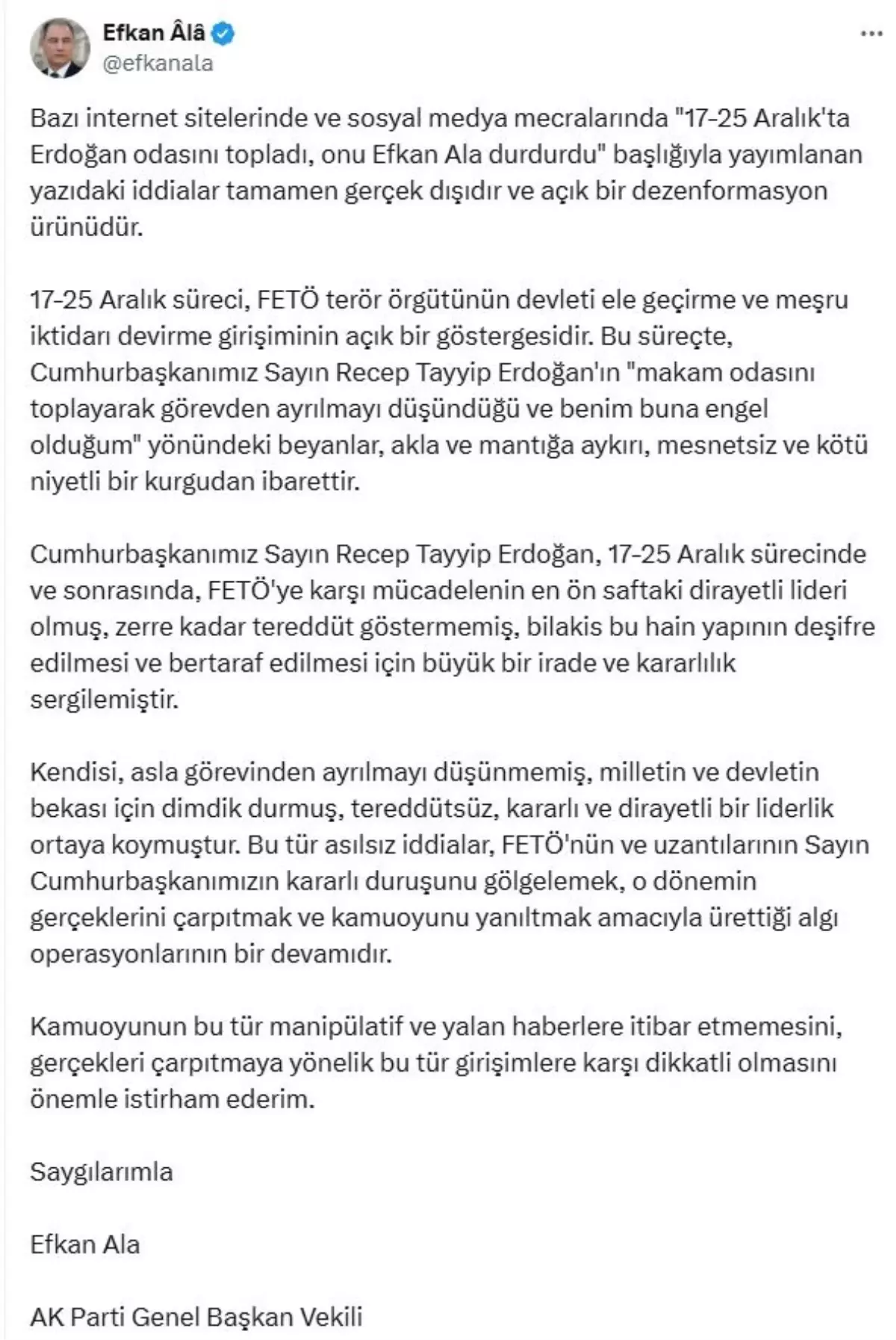 Efkan Ala: \'Erdoğan 17-25 Aralık sürecinde FETÖ\'ye karşı mücadelenin en ön saftaki lideri oldu\'