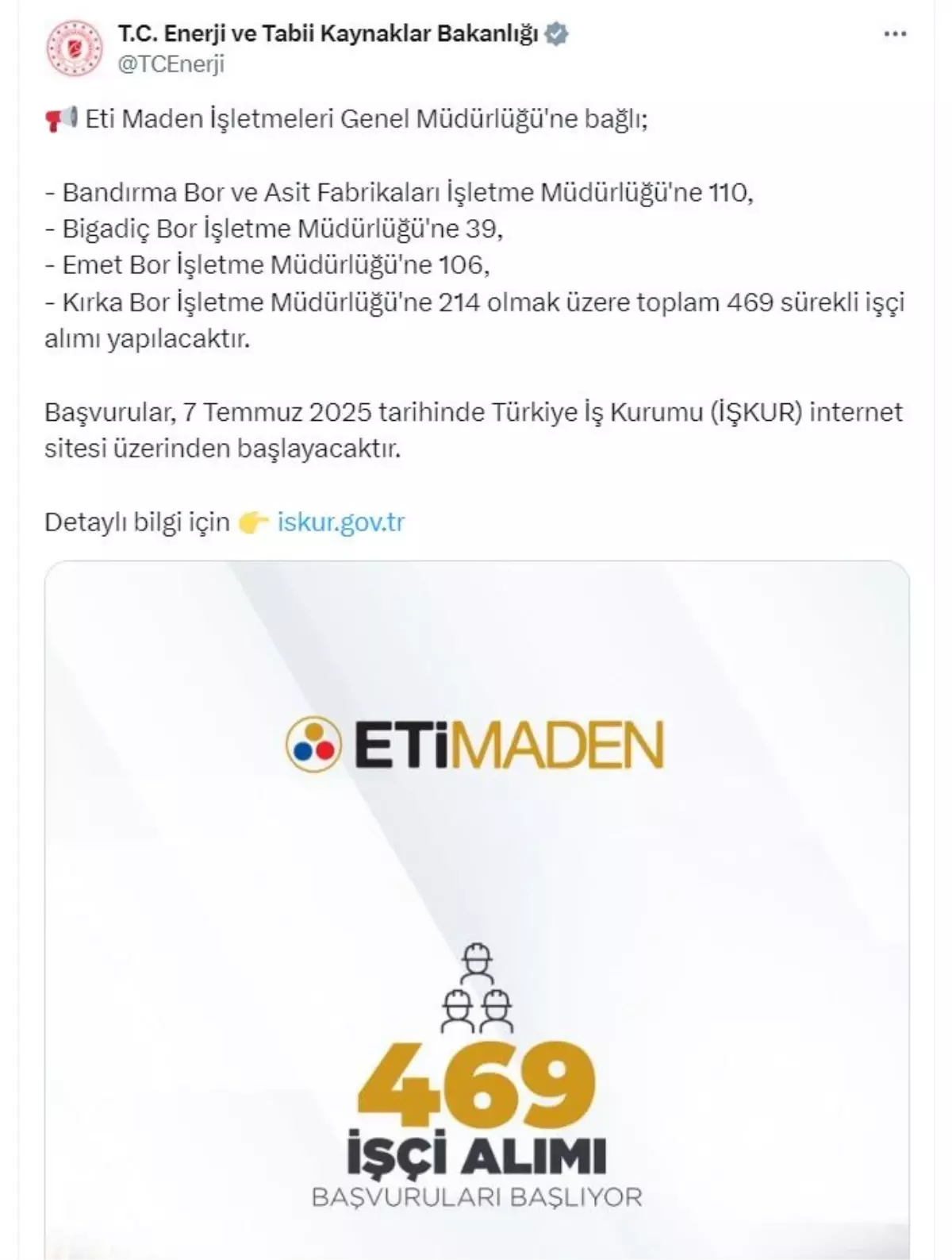 469 Sürekli İşçi Alım İlanı