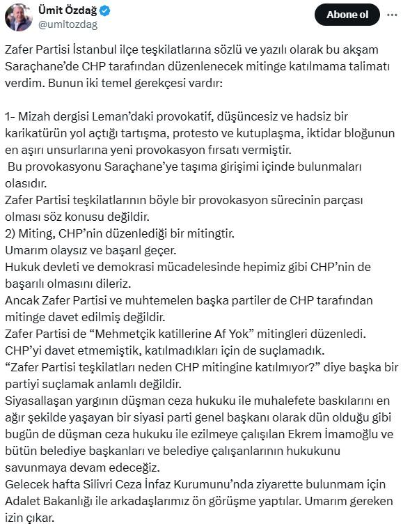 Ümit Özdağ'dan CHP mitingi yasağına 'Leman' gerekçesi
