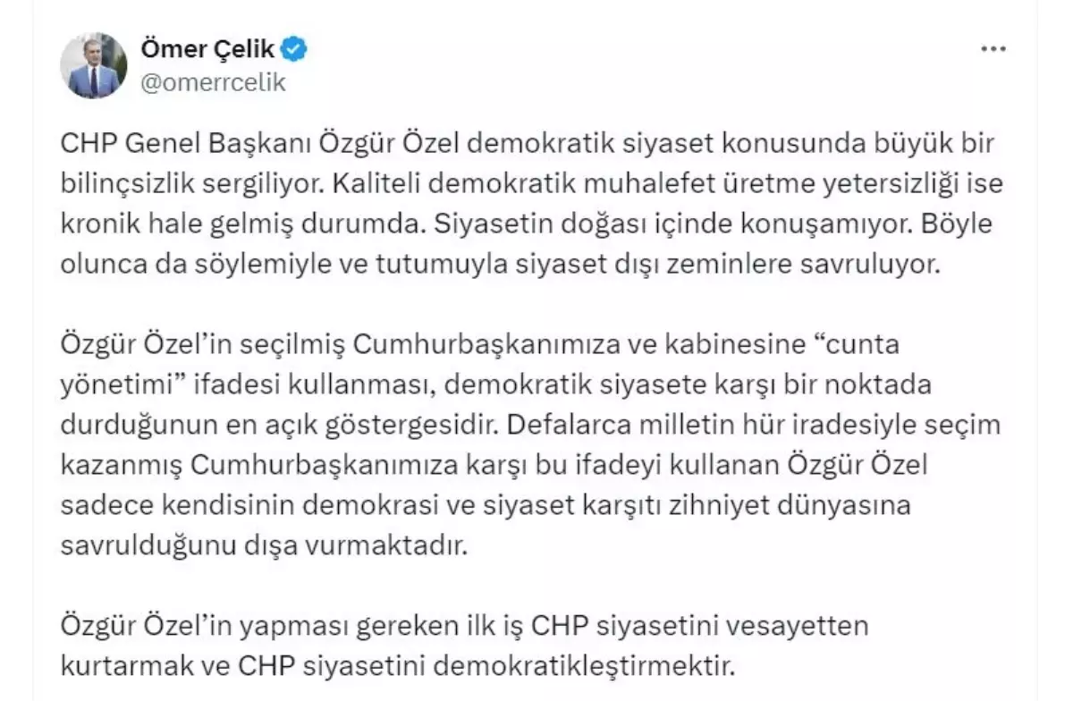 Çelik\'ten Özgür Özel\'e Tepki