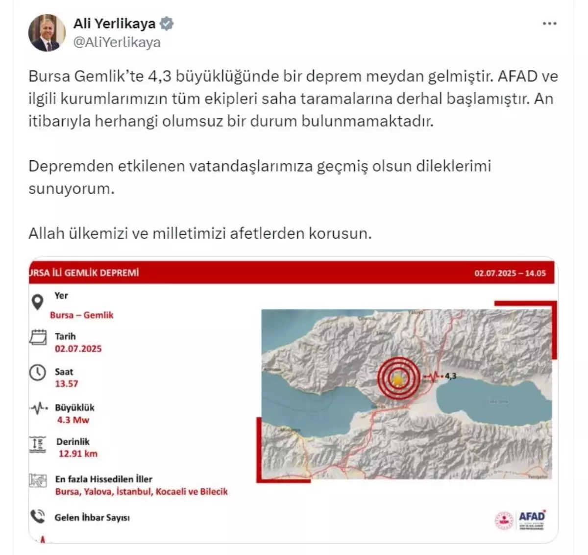 Bakan Yerlikaya: Depremde Olumsuz Durum Yok