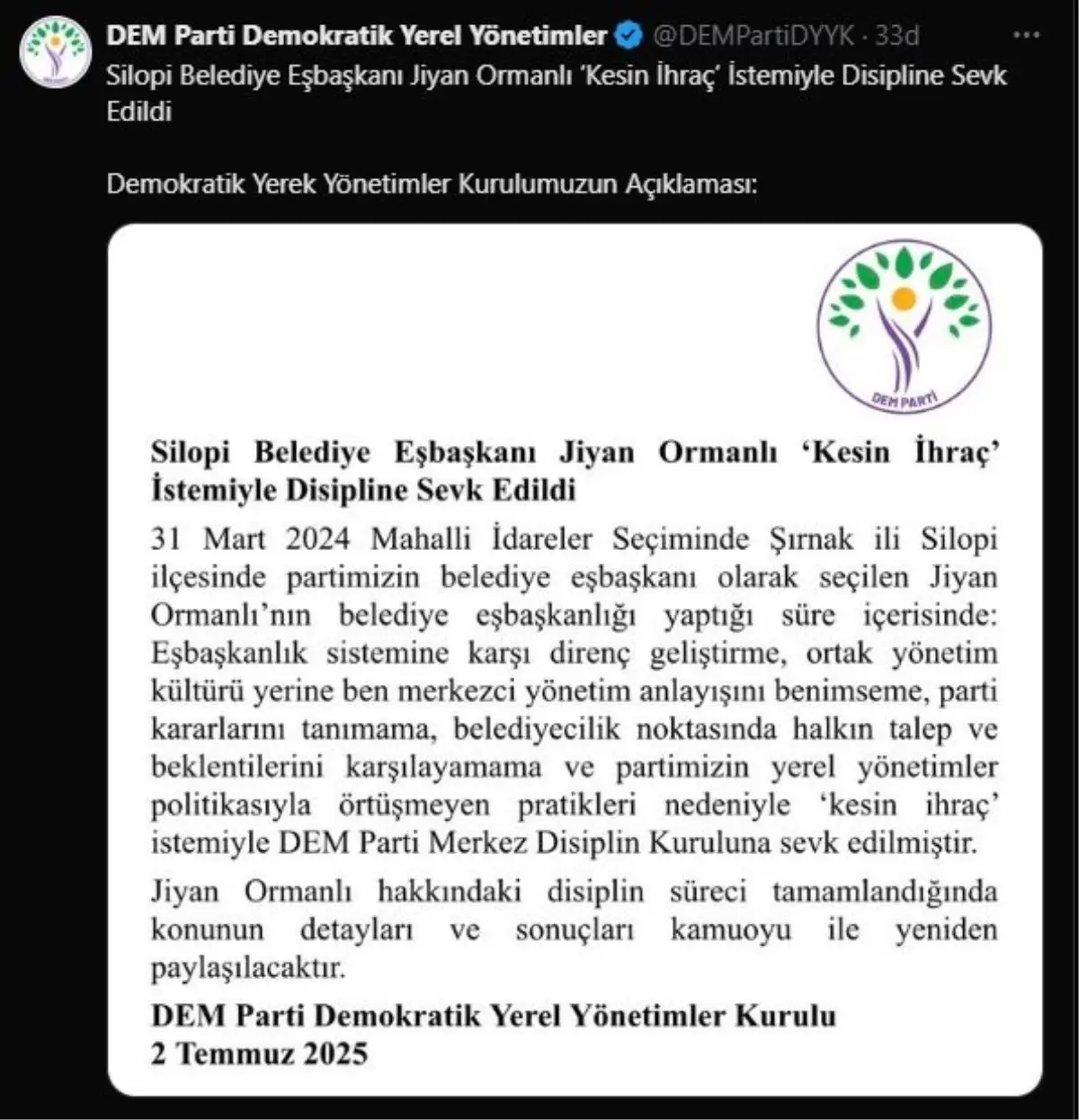 Jiyan Ormanlı İçin İhraç Süreci Başlatıldı
