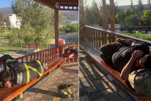 Saatler süren yangında yorgun düşen 'Yangın Savaşçıları' yerde uyuyarak dinlendiler