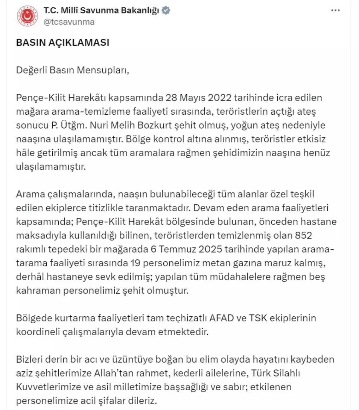 Pençe-Kilit Harekatı\'nda Metan Gazına Maruz Kalan 5 Asker Şehit Oldu