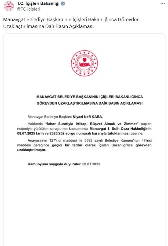 Manavgat Belediye Başkanı Niyazi Nefi Kara görevden uzaklaştırıldı