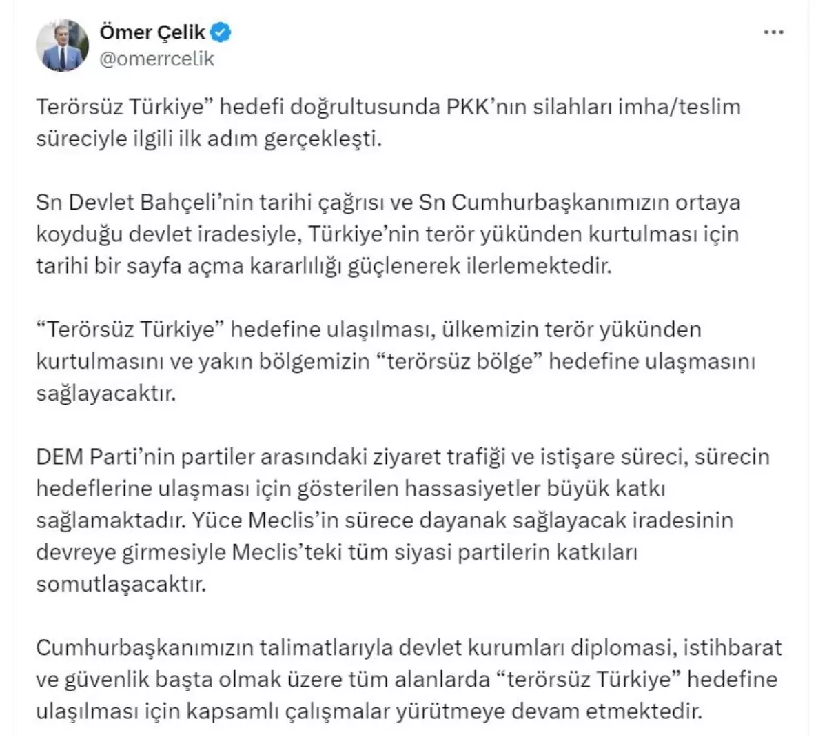 AK Parti Sözcüsü Çelik: \'Terörsüz Türkiye\' hedefine ulaşmak için kritik bir eşik geçildi