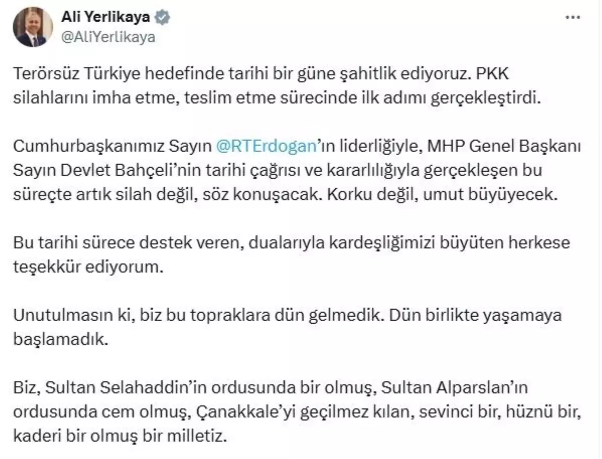 İçişleri Bakanı Yerlikaya: Artık silah değil, söz konuşacak