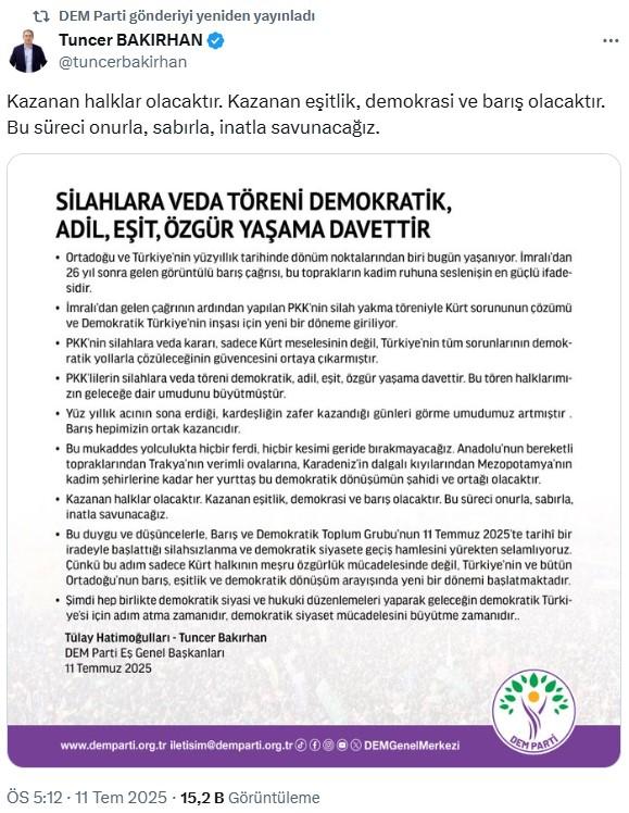 PKK silah bıraktı, DEM Parti'den açıklama geldi