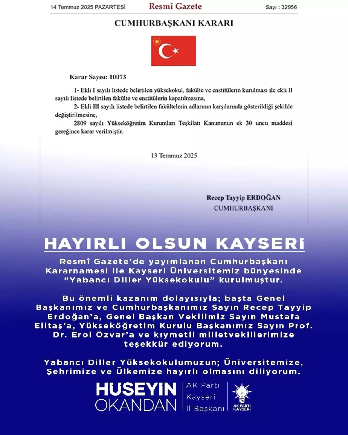 Kayseri\'ye Yabancı Diller Yüksekokulu müjdesi