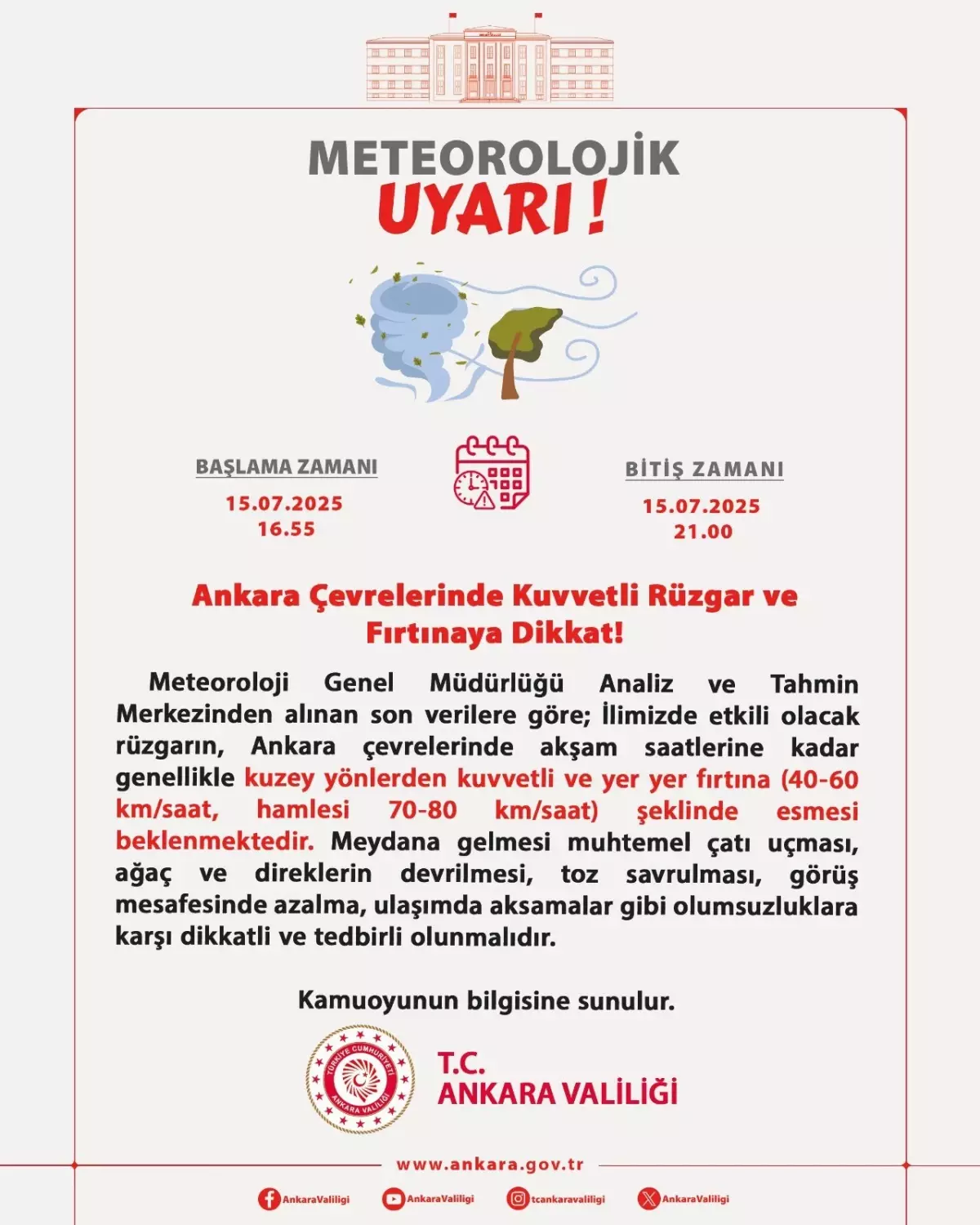 Ankara Valiliği\'nden kuvvetli rüzgar ve fırtına uyarısı