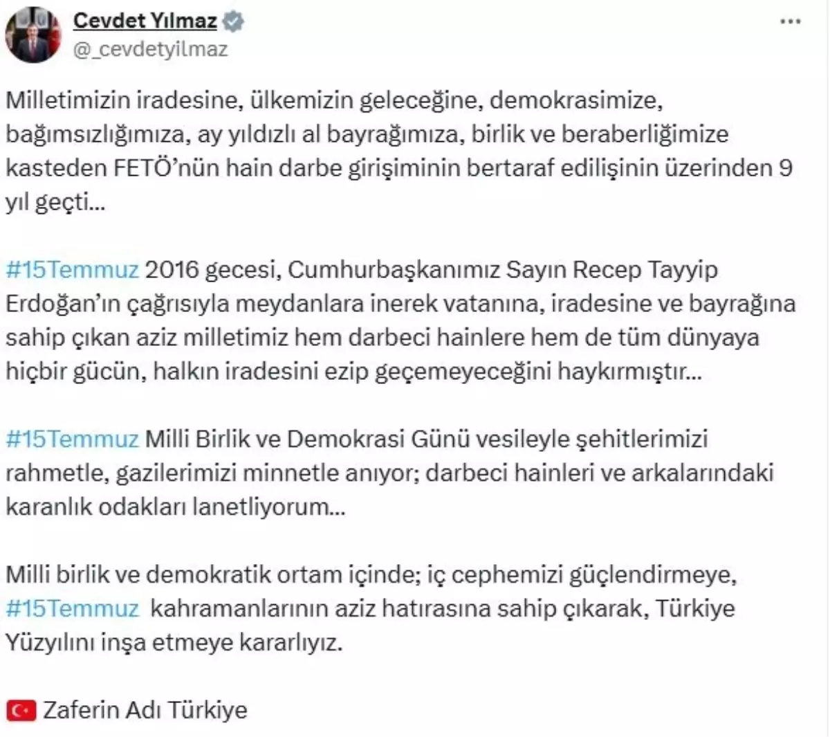 Cevdet Yılmaz: \'15 Temmuz gecesi milletimiz hainlere ve dünyaya gücümüzü gösterdi\'
