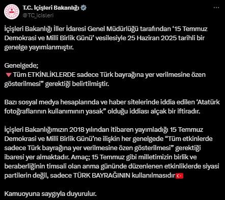 İçişleri Bakanlığı, 15 Temmuz'da Atatürk fotoğraflarının kullanımının yasak olduğu iddiasını yalanla