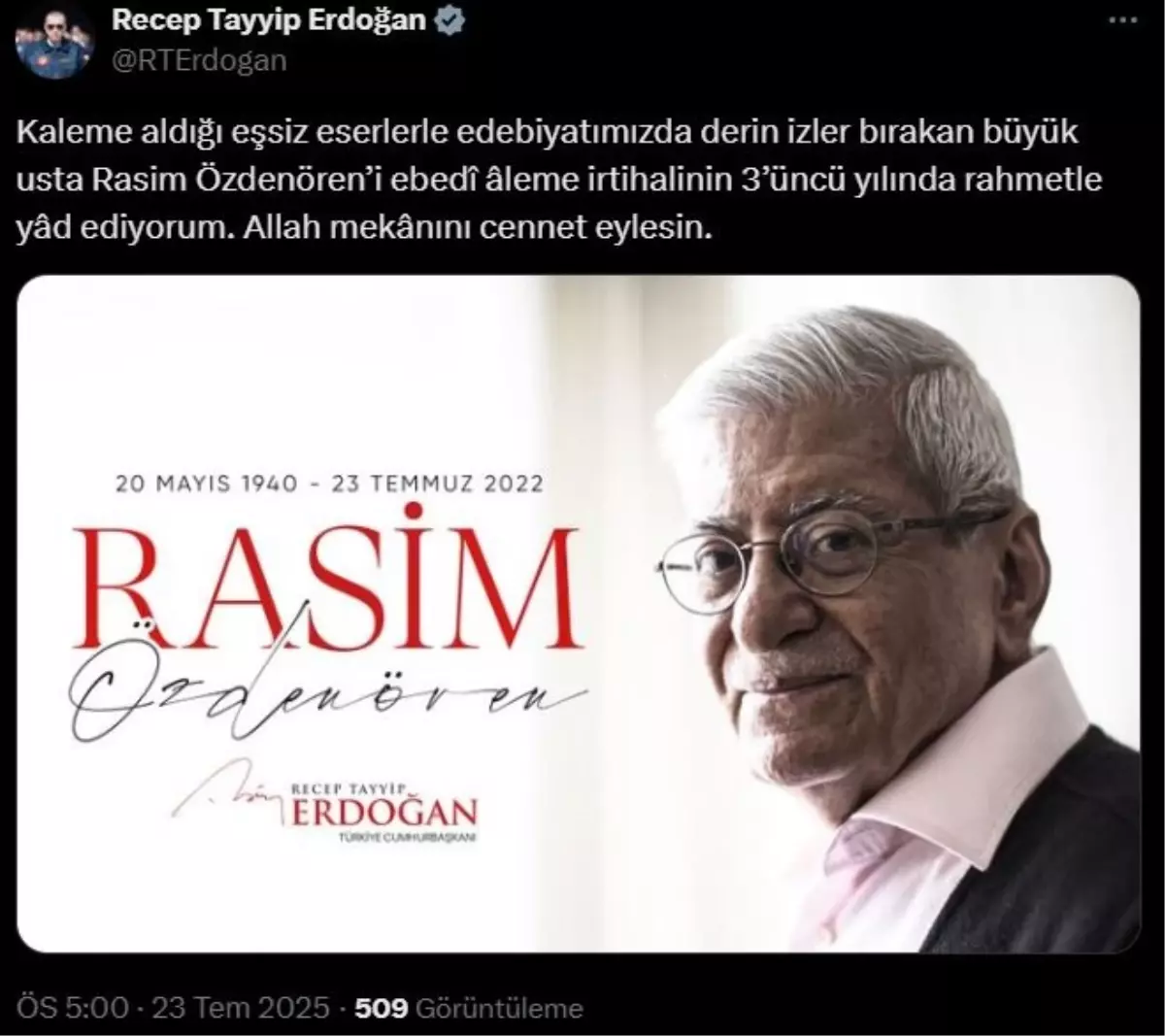 Cumhurbaşkanı Erdoğan, Rasim Özdenören\'i andı