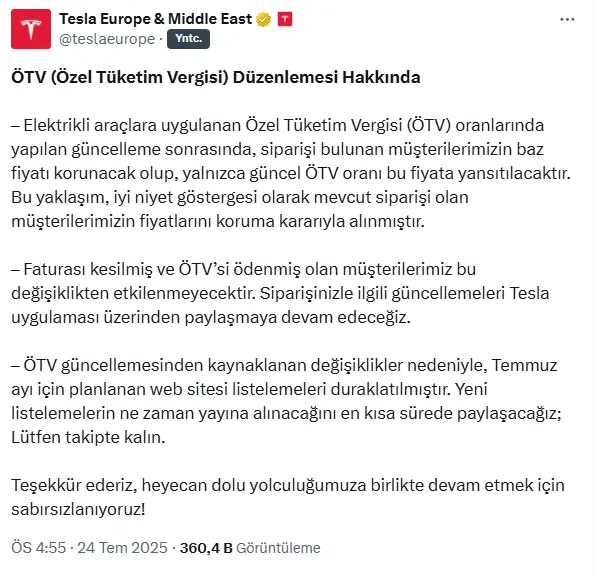 Tesla'dan ÖTV hamlesi! siparişi olanların fiyatı korunacak
