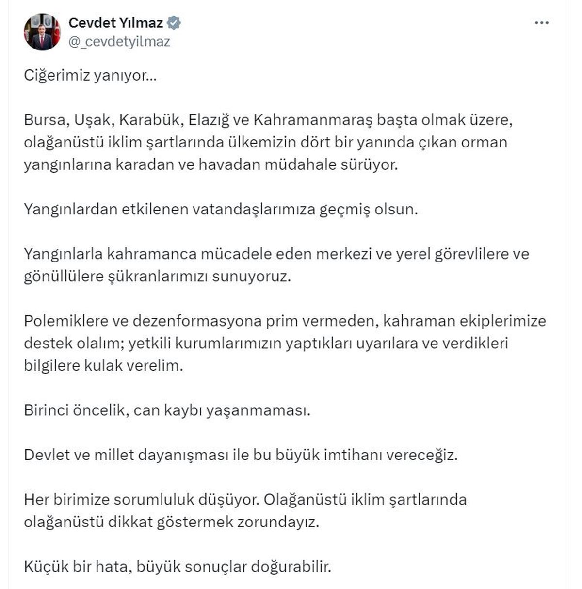 Cevdet Yılmaz\'dan Orman Yangınları Açıklaması