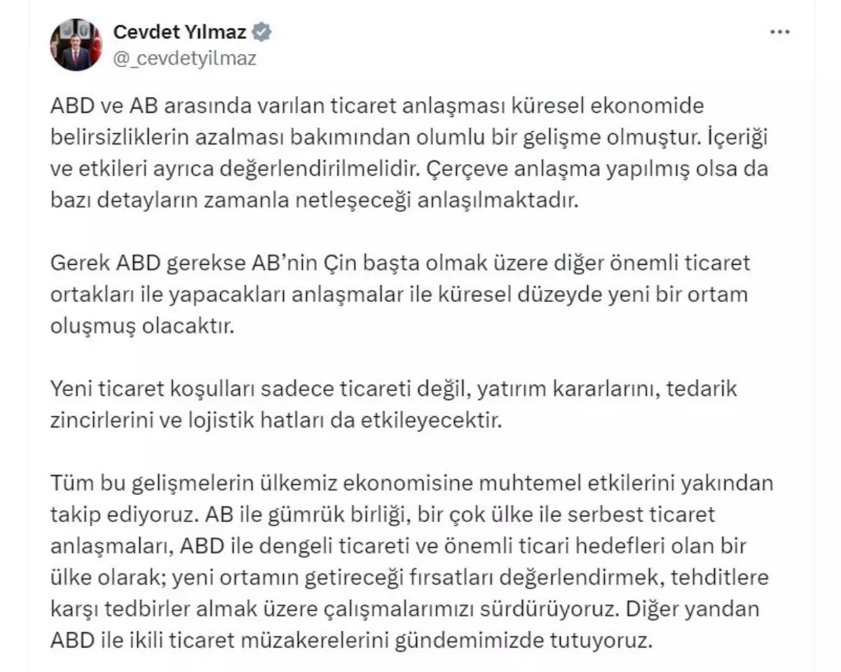 Yılmaz: ABD-AB Ticaret Anlaşması Olumlu