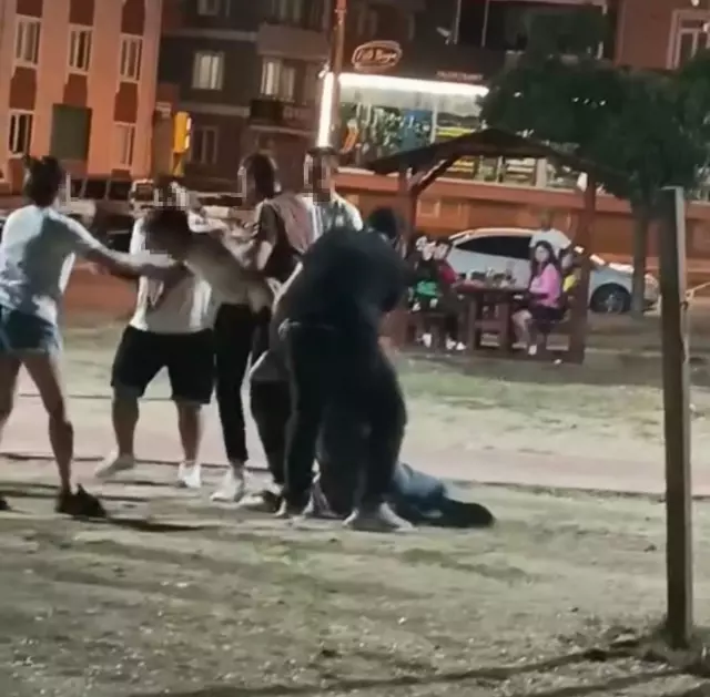 Parkta birbirlerine tekme ve yumruklarla saldırdılar