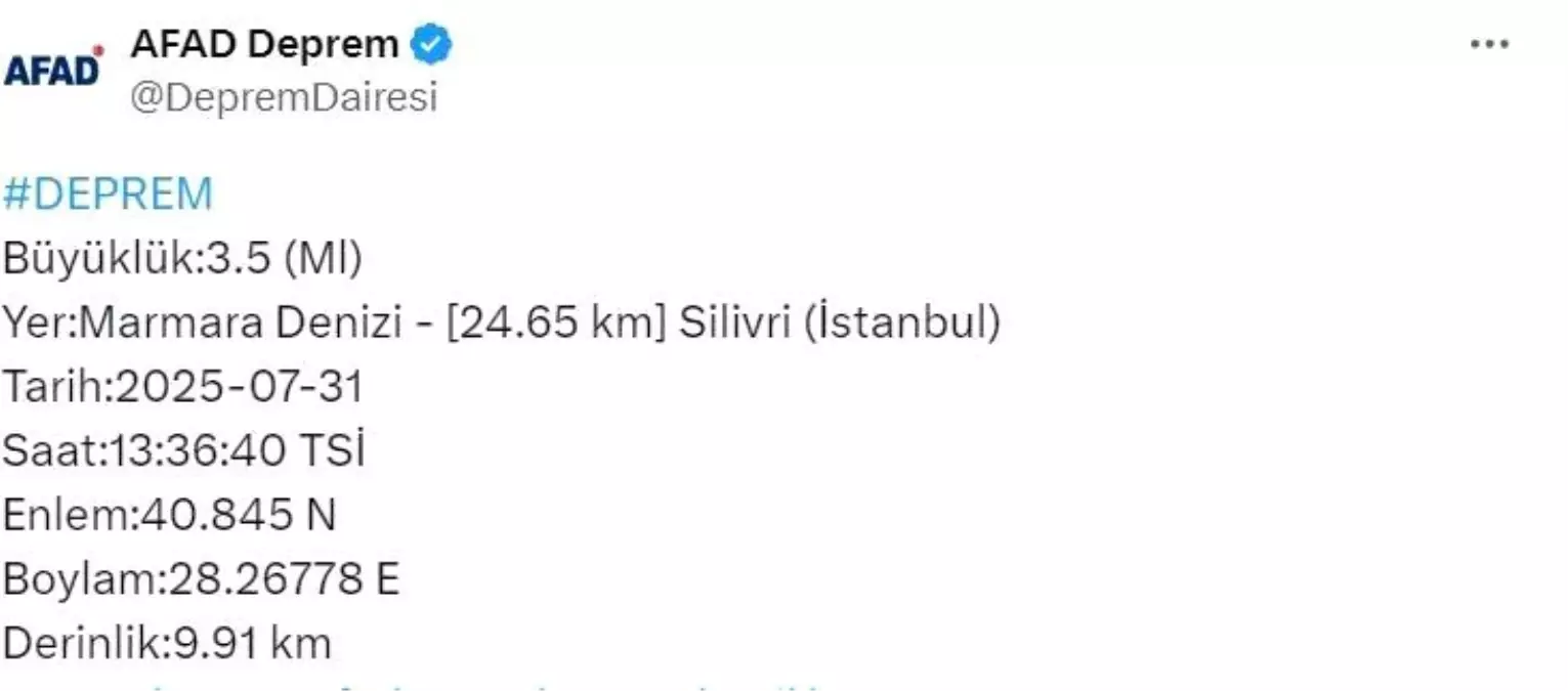 Silivri Açıklarında 3.5 Büyüklüğünde Deprem