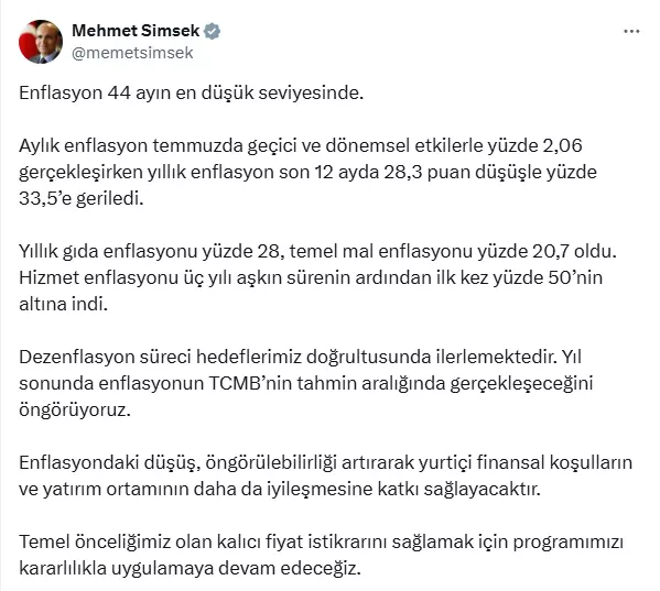 Bakan Şimşek'ten enflasyon açıklaması: 44 ayın en düşük seviyesi