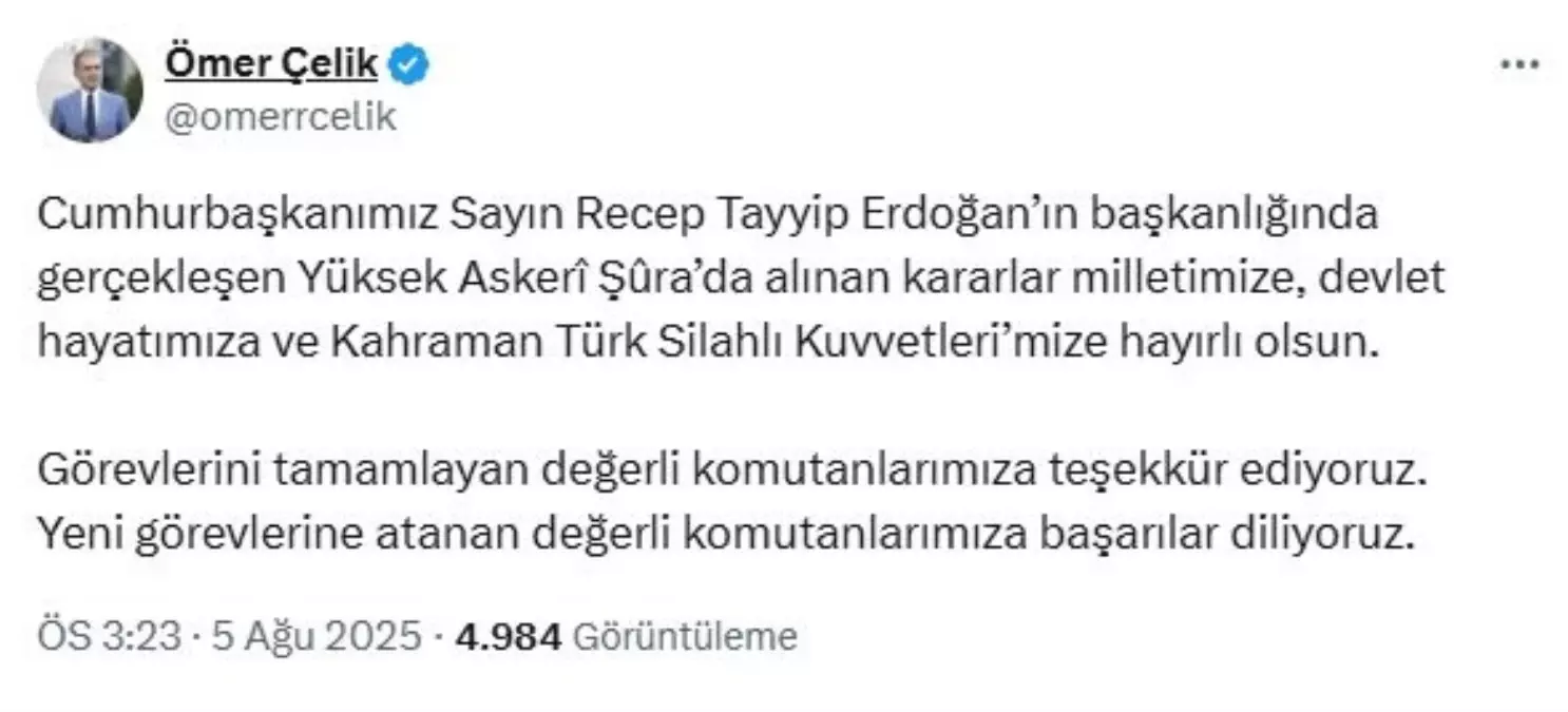 AK Parti Sözcüsü Çelik\'ten YAŞ Kararlarına Destek