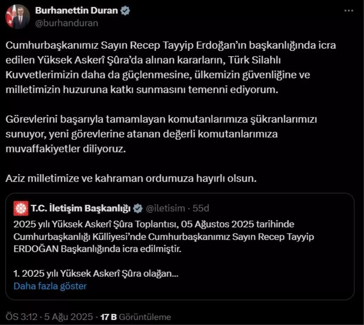 İLETİŞİM Başkanı Duran\'dan YAŞ açıklaması