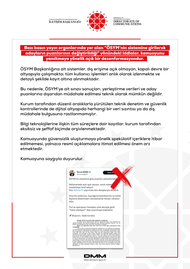 DMM, 'ÖSYM'nin sistemine girilerek adayların puanlarının değiştirildiği' iddiasını yalanladı
