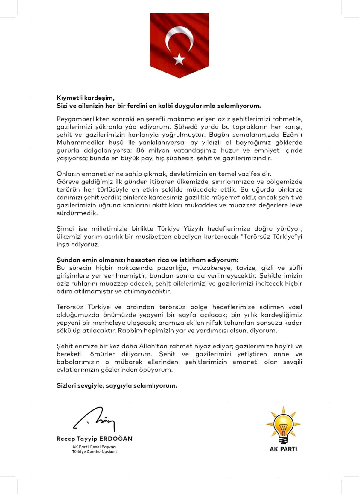 Erdoğan\'dan Şehit ve Gazi Ailelerine Mektup