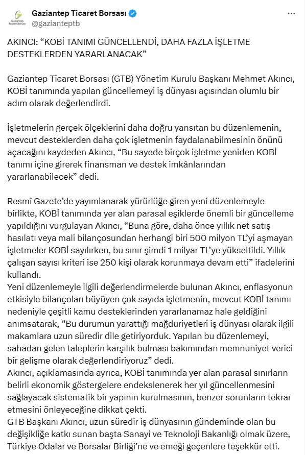 İş dünyası temsilcileri KOBİ'nin mali tanımında yapılan değişikliği memnuniyetle karşıladı