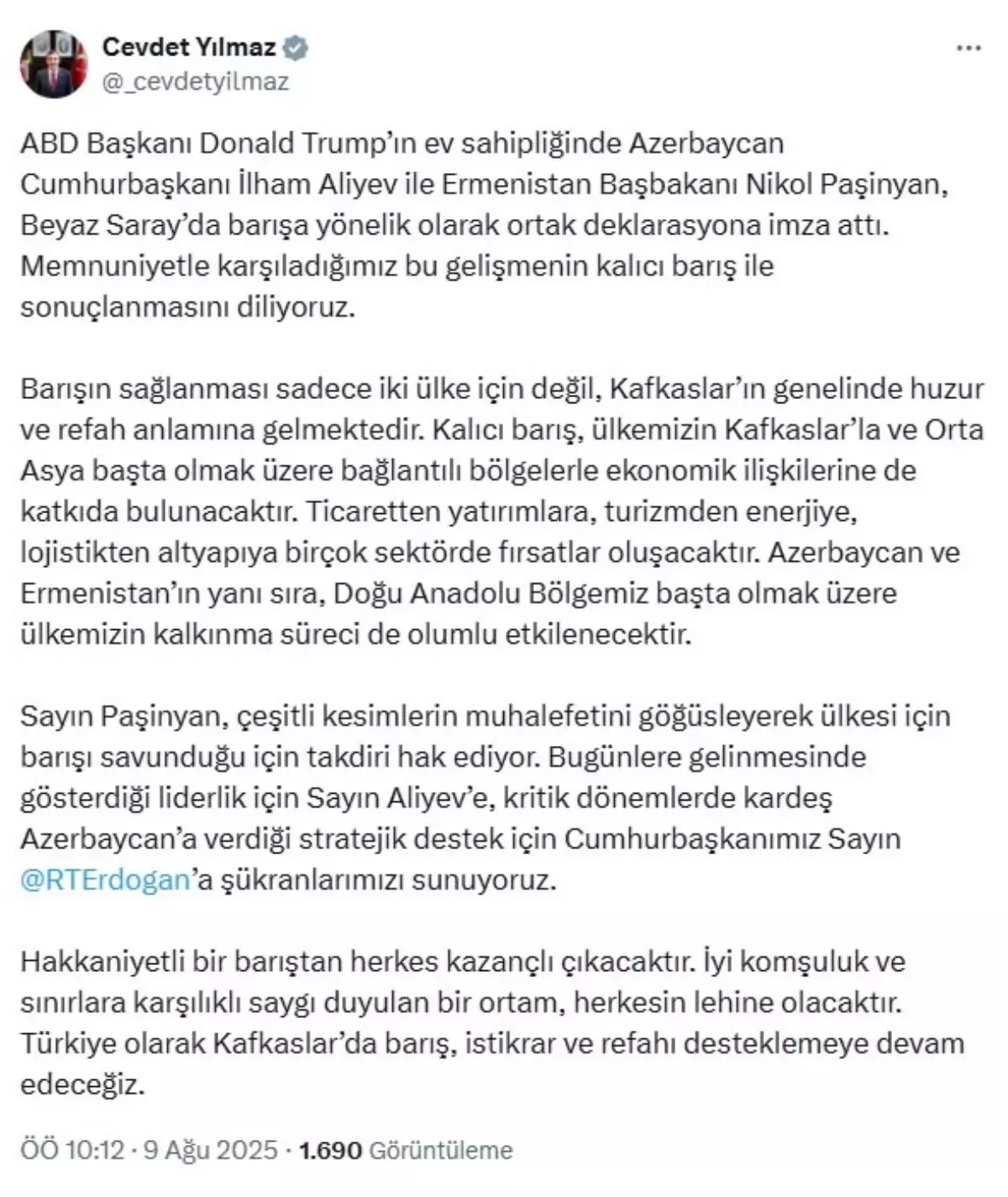 Türkiye\'den Azerbaycan-Ermenistan Barış Deklarasyonuna Destek
