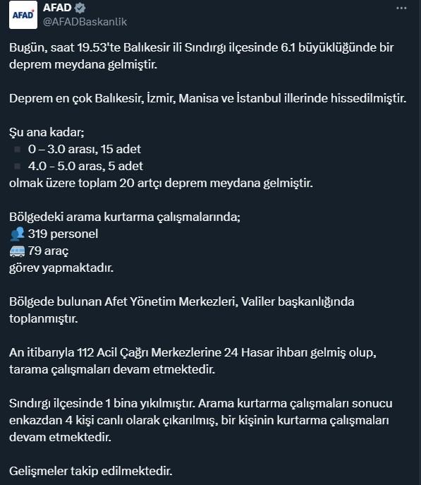 Balıkesir'de 6.1 büyüklüğünde deprem! İstanbul dahil birçok ilde hissedildi