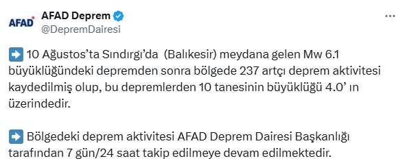 6.1'lik deprem sonrası 237 artçı sarsıntı meydana geldi
