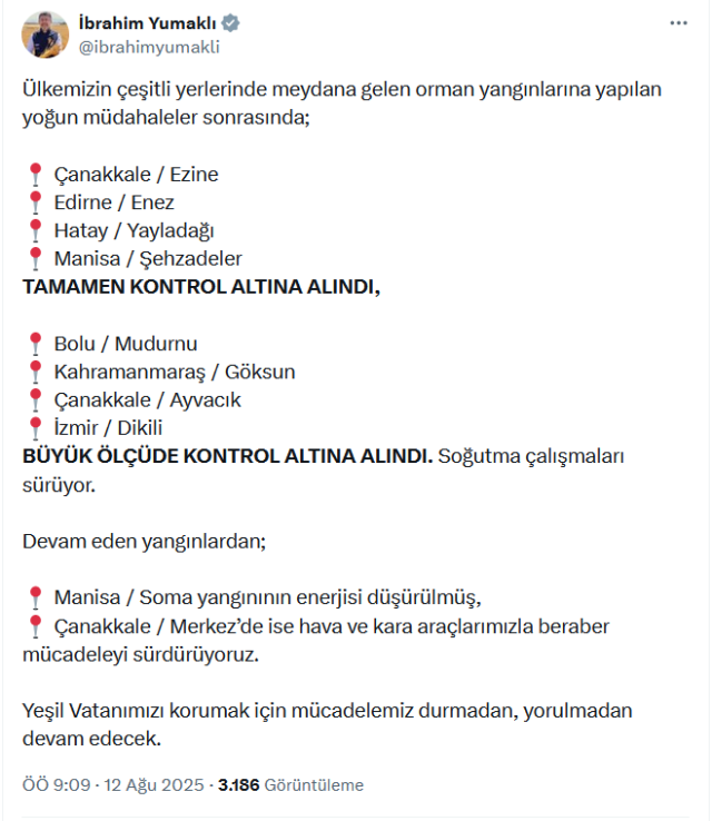 Bakan Yumaklı: Dört bölgede yangın kontrol altında