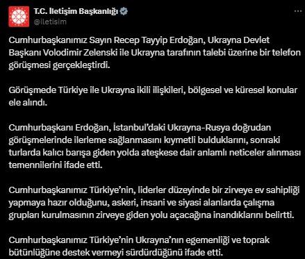 Cumhurbaşkanı Erdoğan, Ukrayna lideri Zelenski ile telefonda görüştü: Ateşkes için liderler düzeyinde ev sahipliğine hazırız