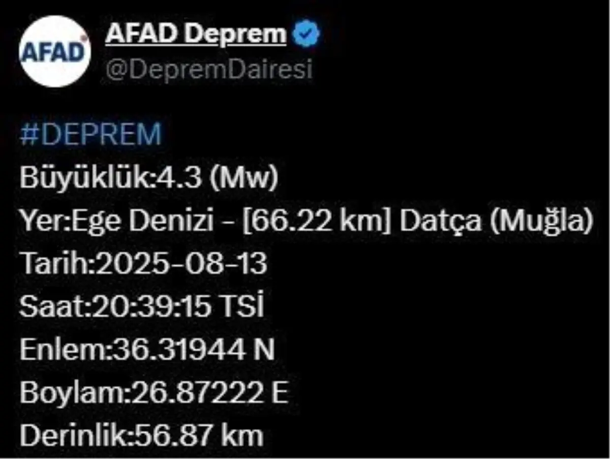 Muğla\'da 4.3 Büyüklüğünde Deprem