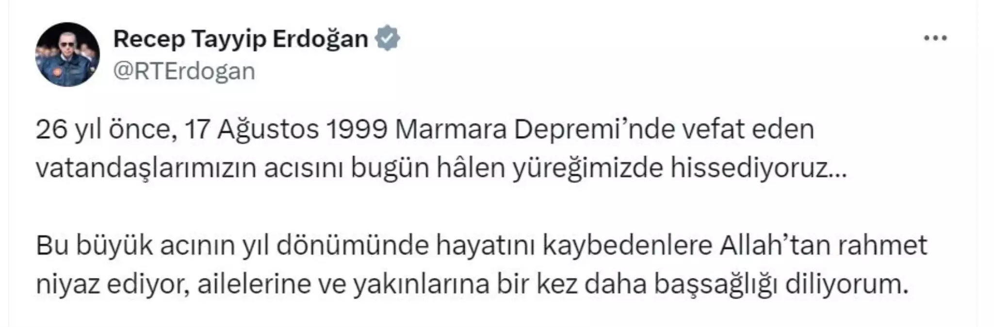 Erdoğan\'dan 17 Ağustos Depremi için Taziye Mesajı