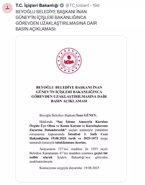 Beyoğlu Belediye Başkanı İnan Güney görevden uzaklaştırıldı