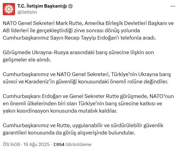 NATO Genel Sekreteri Rutte'den Cumhurbaşkanı Erdoğan'a telefon