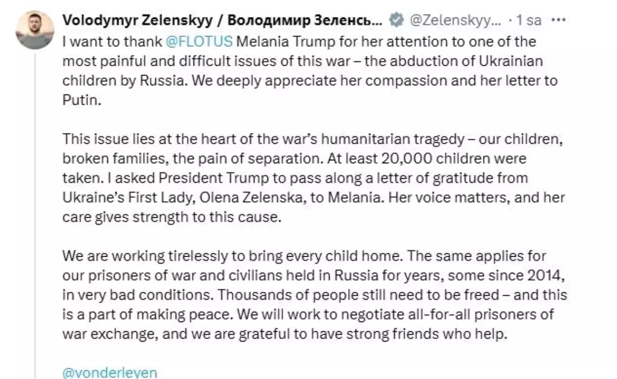 Zelenskiy\'den Melania Trump\'a Teşekkür