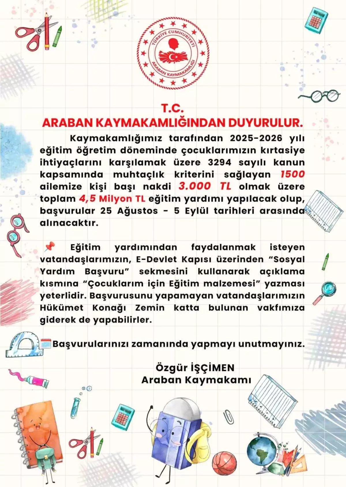 Araban\'da Eğitim İçin 3 Bin TL Yardım