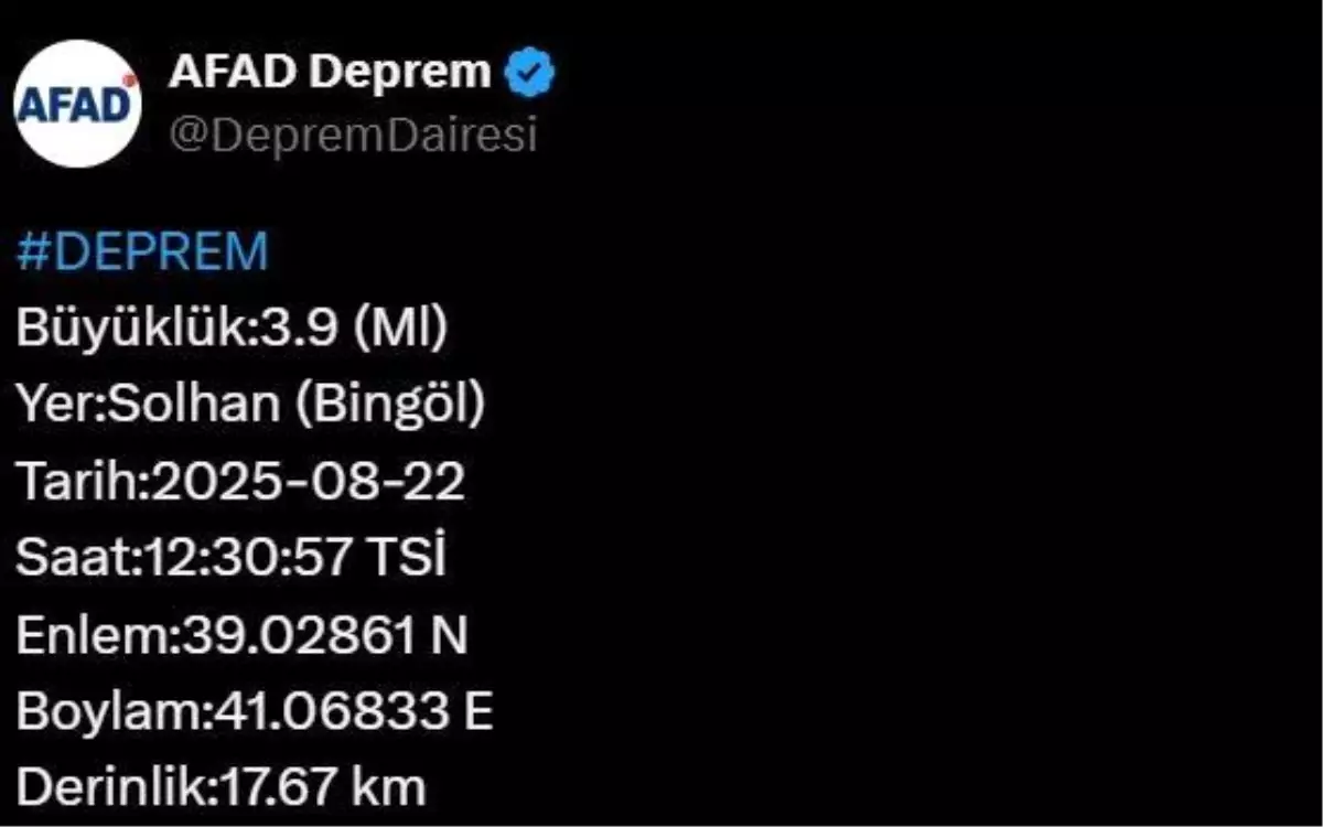 Bingöl\'de 3.9 Büyüklüğünde Deprem