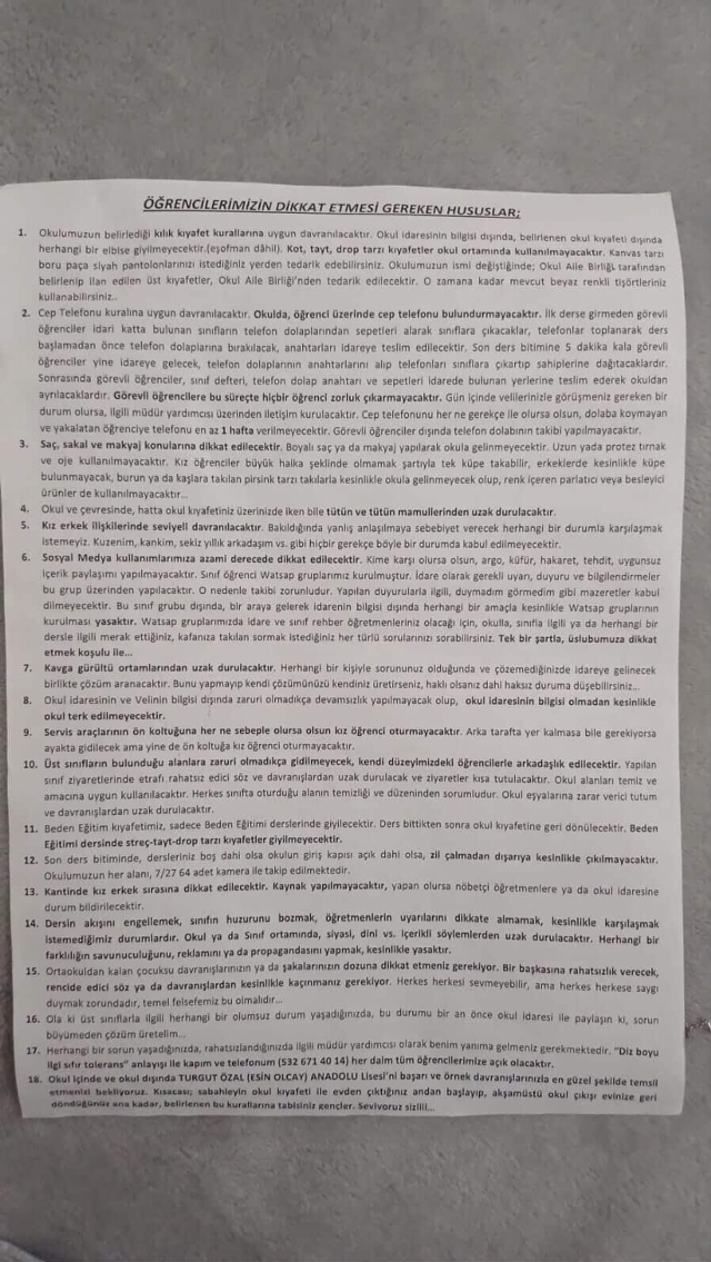 Lisenin 18 maddelik kurallar listesi tepki çekti, Valilik soruşturma başlattı