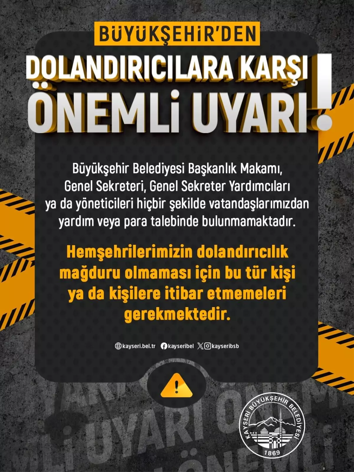Kayseri Büyükşehir Belediyesi\'nden Dolandırıcılık Uyarısı