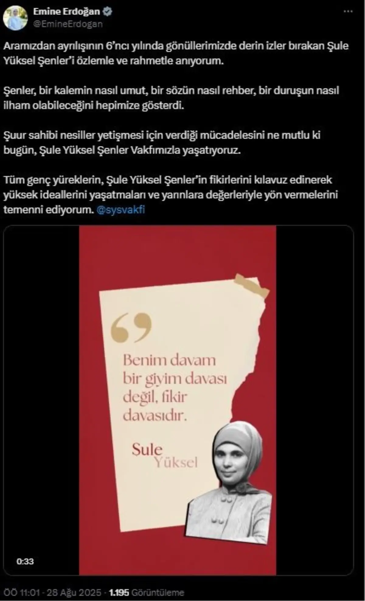 Emine Erdoğan, Şule Yüksel Şenler\'i Andı