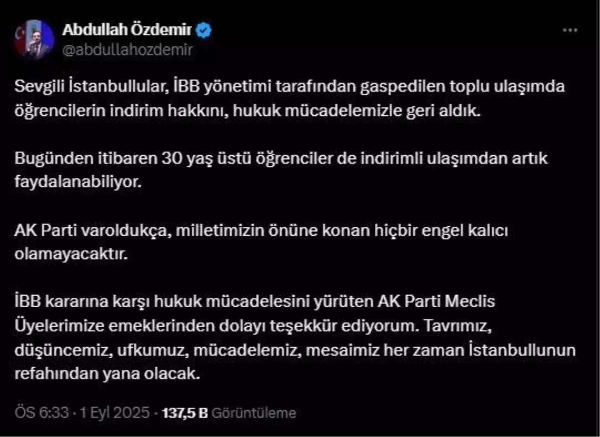 30 Yaş Üstü Öğrencilere İndirimli Ulaşım Hakkı Geri Alındı