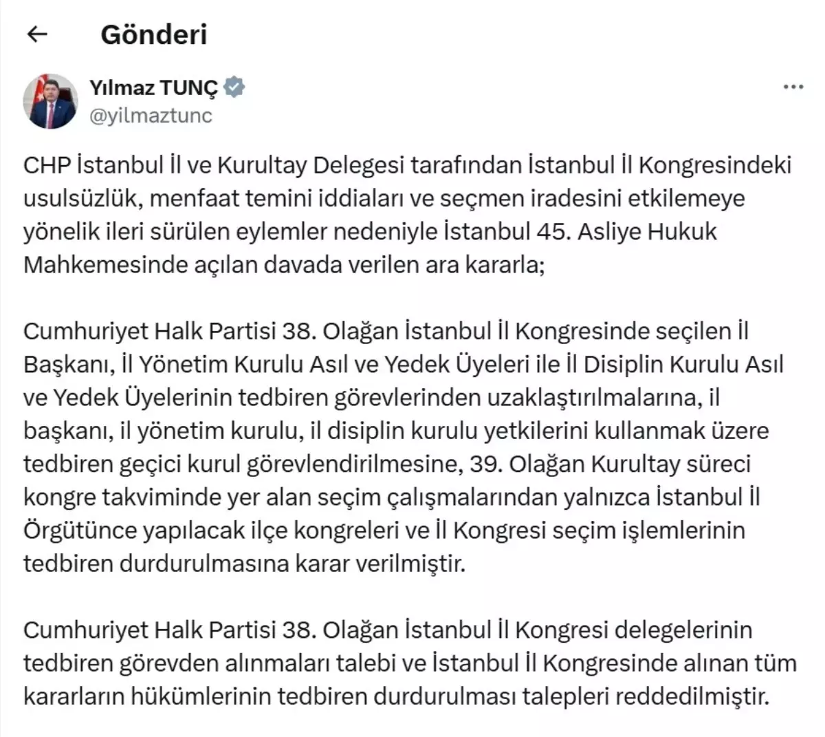 CHP İstanbul Kongresi İptaline Dair Açıklama