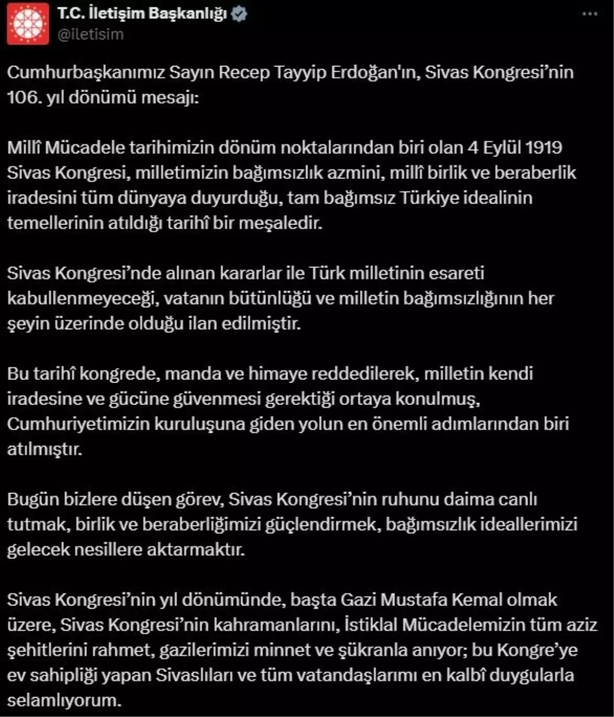 Cumhurbaşkanı Erdoğan\'dan Sivas Kongresi mesajı