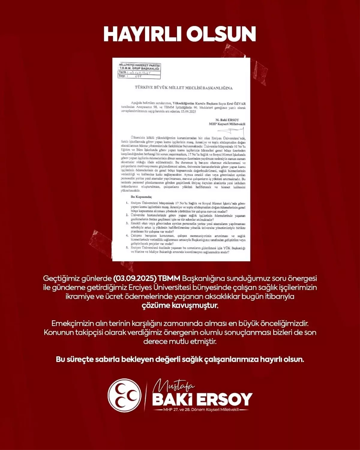 Erciyes Üniversitesi\'nde Sağlık Çalışanlarının Sorunları Çözüldü